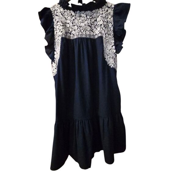 NWT J. Marie M Bridger Dress Embroidered Boho Ruffled Navy Cultural - Picture 2 of 7